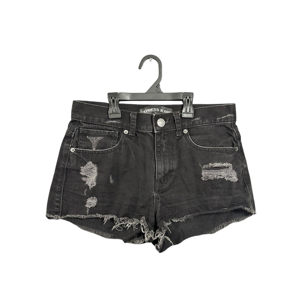 Express Jeans‎ Womens Black Hem Ripped Distressed Denim Cut Off Shorts Size 4